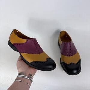 Biion Golf Shoes Womens 8 Yellow Purple Wingtip Spikeless Pull-On Low Top Oxford